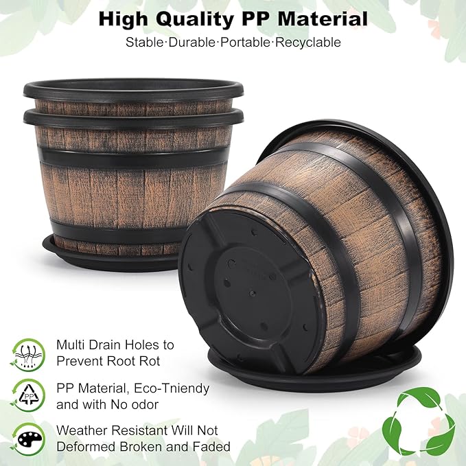 Quarut Large Plastic 4 Pack14 inch Plant Pots,Whiskey Barrel Planters with Drainage Holes & Saucer.Flower Pots Imitation Wine Barrel Design for Indoor & Outdoor Garden Balcony Plants.5 Gallons(Brown)