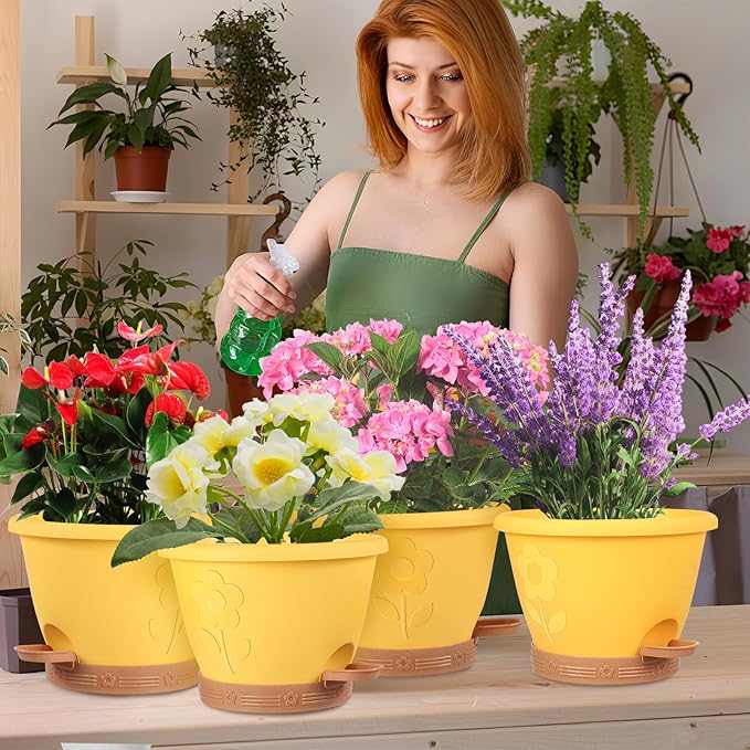 Plastic Plant Pots 10 Inch Set of 4, Self Watering Pots with Drainage Holes, Saucer & Reservoir, Flower Pots for Indoor/Outdoor Plants, Decorative Nursery Planting Pots (Yellow)