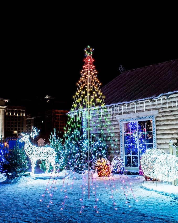 Lomotech RGB Color Changing Christmas Tree Lights - 10Ft 404 LED with 7.08" Topper, Remote Controll Waterproof Iron Pole Waterfall Holiday Tree Lights for Outdoor Christmas Decorations