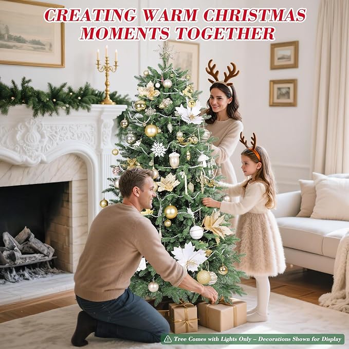 6ft Christmas Tree Prelit w/ 2085 PE & PVC Mixed 'Feel Real' Branch Tips, 400 Warm LED Lights, Hinged Spruce Artificial Xmas Tree with Metal Stand & Storage Bag for Home, Office, Party Décor