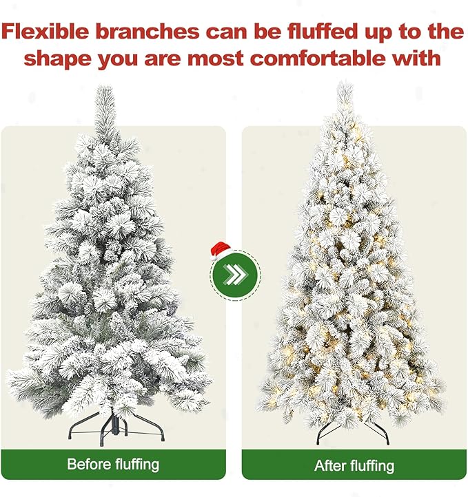 7 Ft Pre-Lit Snow Flocked Artificial Christmas Tree with 450 Warm LED Lights, Premium Holiday Xmas Tree with 1060 Realistic Branch Tips, Metal Stand for Indoor Home/Office Decor (Easy Assembly)