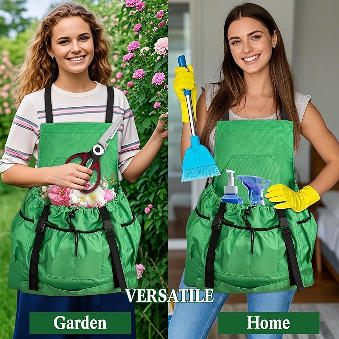 Gardening Apron for Women & Men, Garden Aprons with Pockets and Interal Drawstring Bag, Waterproof Adjustable Cross Back Harvest Apron for Fruit Picking Storage Weeding Garden Gift