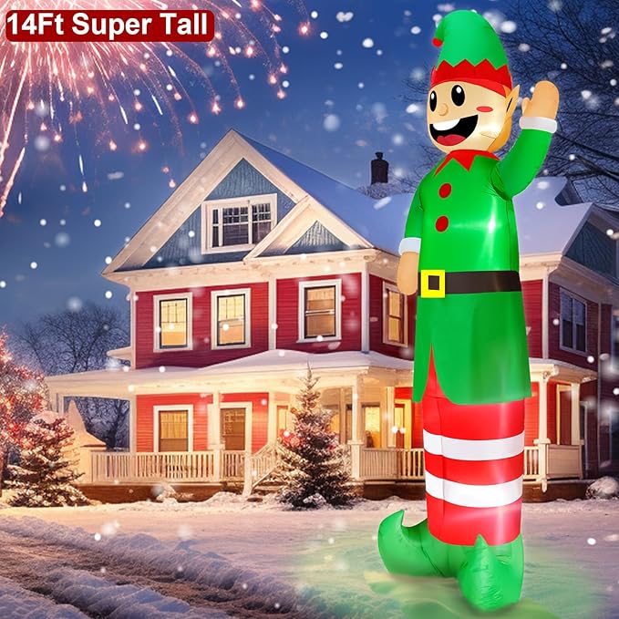 14 Ft Super Tall Christmas Inflatable Elf, Christmas Inflatables Decoration Outdoor Blow Up Giant Santa Elf with Built-in LED Lights Inflatable Christmas Decoration for Yard Outside Garden Lawn