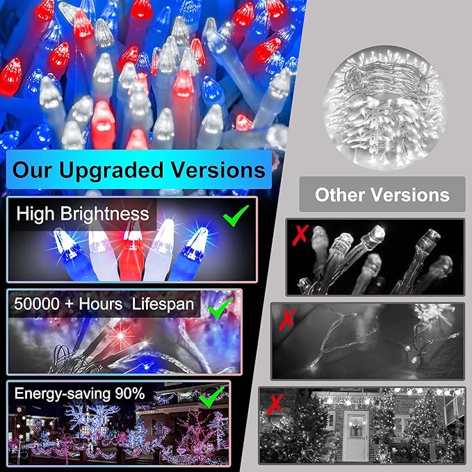 300LED Chrstmas Lights, 75ft Indoor Outdoor Christmas String Lights with 12 Modes, Red White and Blue Christmas Tree Lights with Timer Dimmable Connectable for Fence Garden Xmas Wedding Party Decor