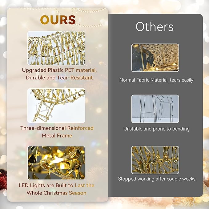 3-Piece Large Christmas Deer Outdoor Decorations, 4.5ft Lighted Reindeer Family Set Christmas Yard Decor, Light Up Reindeer Christmas Decor with 350 LEDs, Stakes, Zip Ties, Unique Gold Rattan