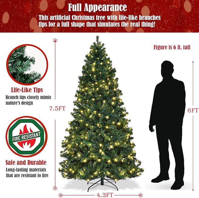 ERGOMASTER 7.5FT Pre-lit Artificial Christmas Tree with Lights, Fake Green Xmas Tree with 1346 Hinged Branch Tips, 400 LED Warm White Incandescent Lights & Foldable Metal Stand for Holiday Home Party