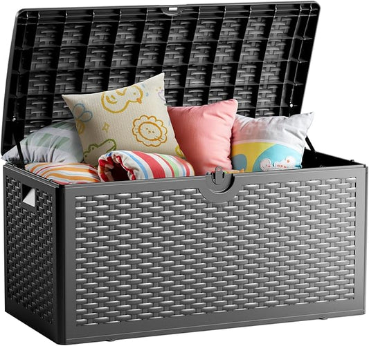 80 Gallon Deck Box, Double Layer Waterproof Resin Outdoor Indoor Storage Box, Lockable & UV Resistant Storage Bin for Patio Furniture, Garden Tools, Pool Accessories (Black)