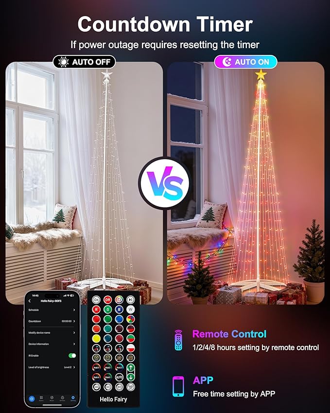 Brightown Smart Christmas Cone Tree LED Light, 12FT 443 LED Music Sync with Remote APP and Local Control, Pattern and Text Displayable, 16 Million Colors Light Show Tree for Indoor Outdoor Decorations