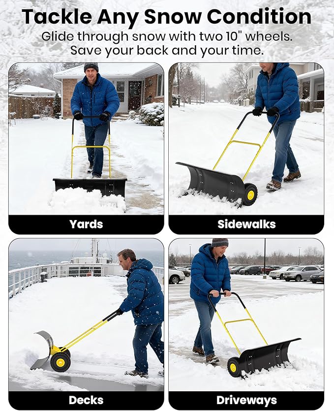 36" Snow Pusher Shovel with Wheels, Adjustable Ergonomic U-Handle Snow Plow for Driveway, Heavy Duty Wheeled Rolling Shovels for Driveway and Sidewalks with Angeled Blade