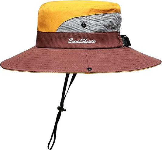 Womens Summer Sun Hat Beach Hat Wide Brim Outdoor UV Protection Hat Foldable Cool Mesh Ponytail Bucket Hat