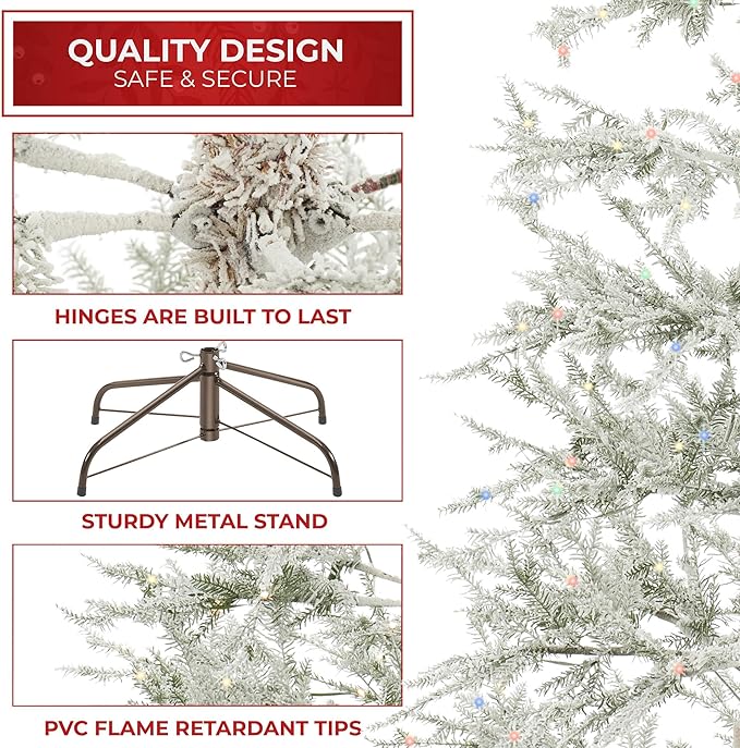 Casafield 6.5FT Pre-Lit Sparse Flocked Pine Artificial Holiday Christmas Tree with Sturdy Metal Stand