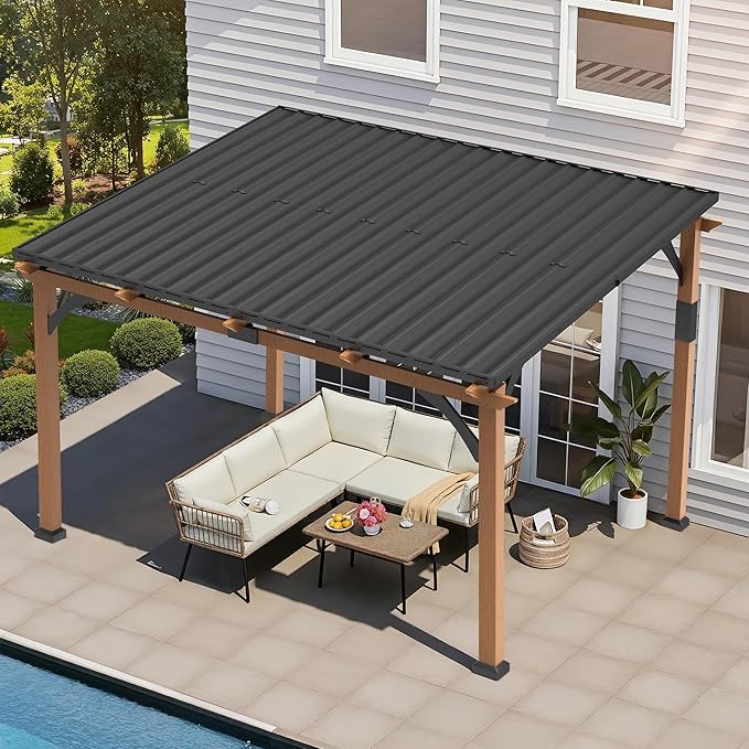 Macrout 12'x14' Outdoor Gazebo, Heavy Duty Pergola with Sloped Metal Roof and Aluminum Frame, Permanent Gazebos for Patio, Decks, Backyard, Garden, 4756 (Sloped Roof + Brown Frame, 12'x14')