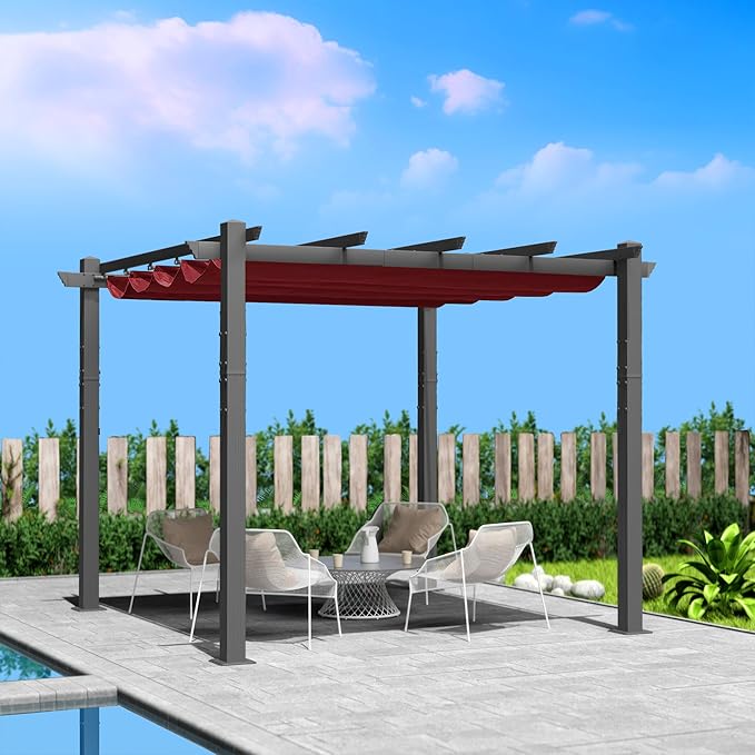 Kozyard Morgan Outdoor Retractable Pergola with Sun Shade Canopy Patio Aluminum Pergola Shelter for Backyard Deck Garden Modern Metal Grill Gazebo (10' x 10', Burgundy)
