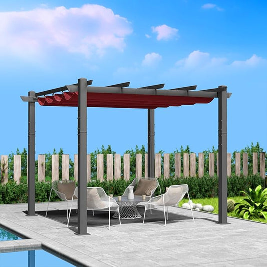 Kozyard Morgan Outdoor Retractable Pergola with Sun Shade Canopy Patio Aluminum Pergola Shelter for Backyard Deck Garden Modern Metal Grill Gazebo (10' x 10', Burgundy)
