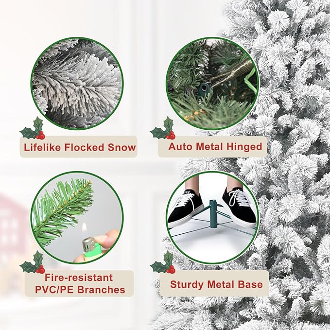 5 Ft Unlit Snow Flocked Christmas Tree, Artificial Xmas Tree with 518 PVC/PE Realistic Branch Tips, Metal Stand Decor for Holiday, Party, Home Easy to Assemble