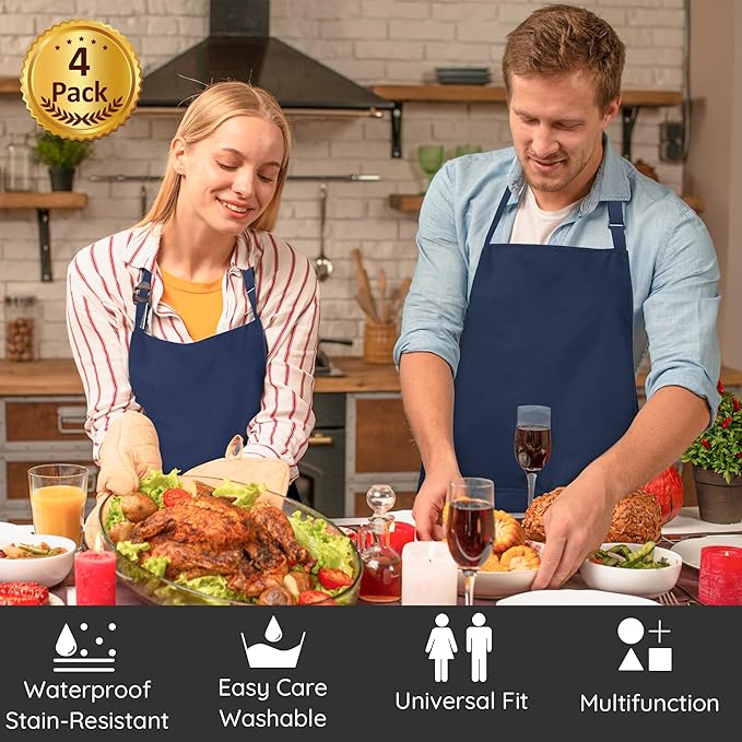 4 Pack Chef Apron, Waterproof Apron, Adjustable Apron with 2 Pockets for Men Women, Apron for Cooking Baking Restaurant (Polyester Blend, Navy Blue)
