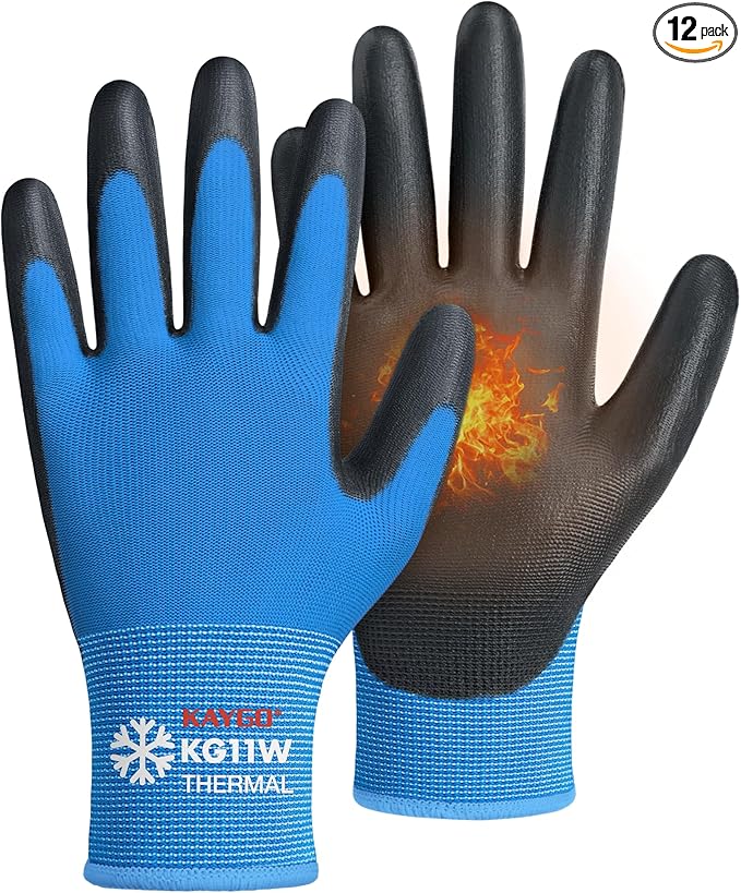KAYGO Winter Work Gloves for Men and Women, 12 Pairs Thermal Insulated Safety Work Gloves PU Coated, Smooth Grip on Palm & Fingers,Ideal for Freezer Work,Blue,S