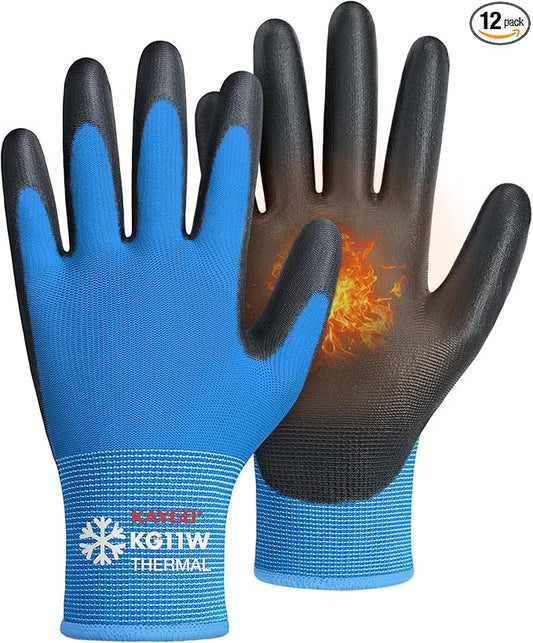 KAYGO Winter Work Gloves for Men and Women, 12 Pairs Thermal Insulated Safety Work Gloves PU Coated, Smooth Grip on Palm & Fingers,Ideal for Freezer Work,Blue,XL