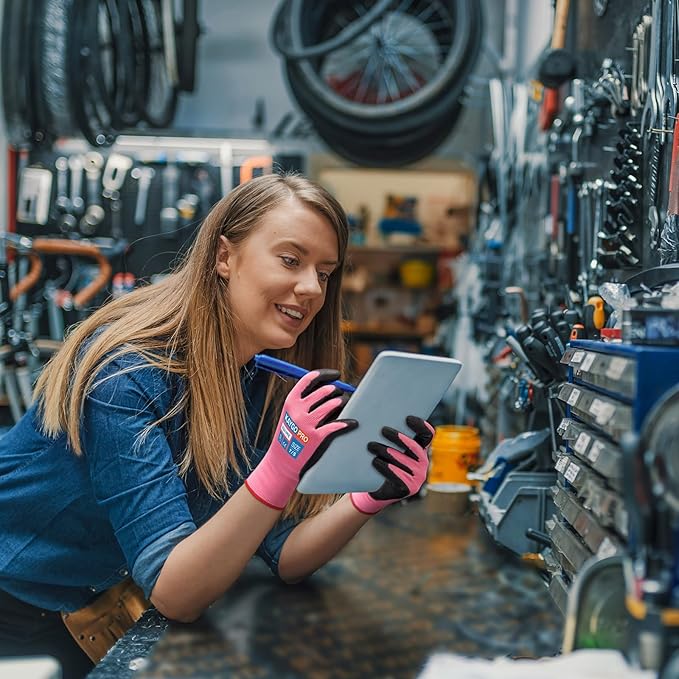 KAYGO Safety Work Gloves PU Coated for Men and Women- KG11PB,12 Pairs,Seamless Knit Glove with Two Fingers Touchscreen,Ideal for General Duty Work (M,Pink)