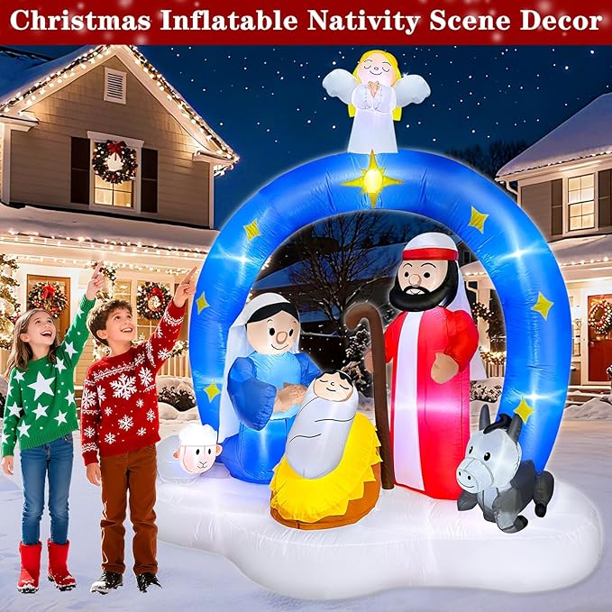 7 Ft Tall Christmas Inflatables Nativity Scene Outdoor Decorations, Light Up Christmas Blow Up Yard Decorations Birth of Jesus Nativity Sets for Xmas Garden Lawn Outside Large Party Decor