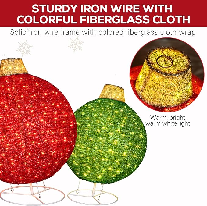 Hykolity 2 Pack 30" & 24" Pop-Up Iron Christmas Ornament Set, 350 Warm White LEDs with UL Transformer, 8 Light Functions & 18H Timer, Red & Green