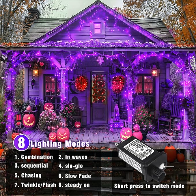 66FT 200 LED Outdoor String Lights, Purple Halloween Lights Waterproof 8 Modes, Connectable Halloween Decorations Lights Clear Wire for Indoor House Bedroom Tree Patio Garden Party