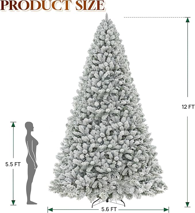 HOLLO STAR 12 ft Flocked Prelit Christmas Tree with 1097 LED Lights, App Control, Artificial Christmas Tree, Multi-Color RGBW Lights, 4000 Branch Tips, Snow Xmas Tree, for Home, Party