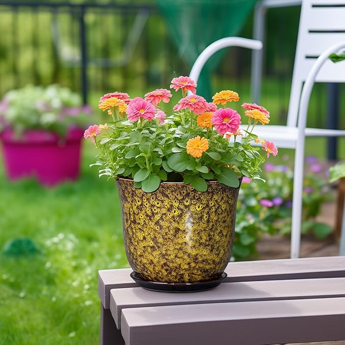 Ceramic Planter - 8 Inch Plant Pot for Indoor Outdoor, Round Flower Pots with Drainage Hole and Saucer, Modern Planter, Decorative Plant Pots, Home Office Decor, Gardening Gifts, Yellow