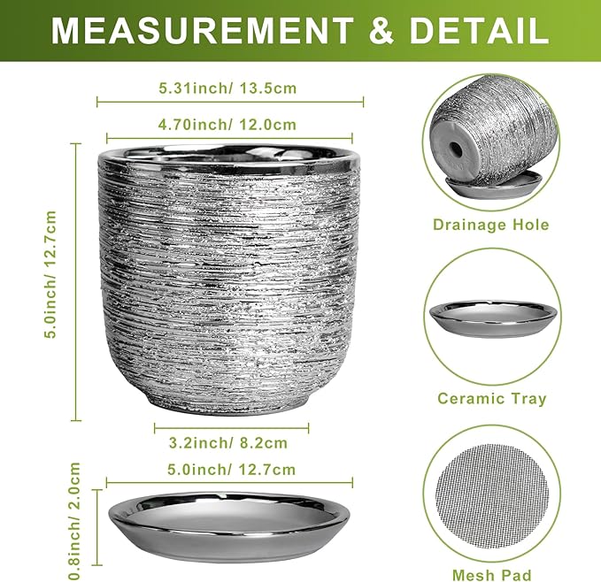Ceramic Plant Pot 5 Inch - Indoor Planter with Drainage Hole and Saucer, Round Modern Flower Pot for Succulent Plants, Housewarming Gifts, Office Home Desk Decor, Silver
