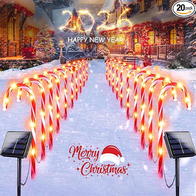 20 Pack Solar Christmas Candy Cane Lights, Christmas Decorations Outdoor Waterproof, Solar Powered Pathway Lights with 8 lighting Modes & Memory Function for Outside Party Garden Yard Patio Decoration