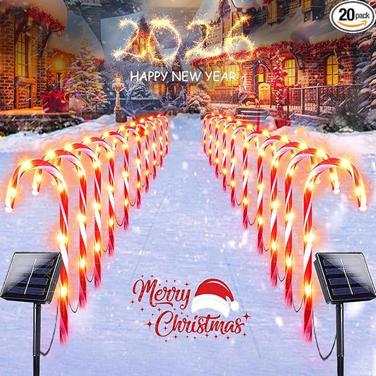 20 Pack Solar Christmas Candy Cane Lights, Christmas Decorations Outdoor Waterproof, Solar Powered Pathway Lights with 8 lighting Modes & Memory Function for Outside Party Garden Yard Patio Decoration