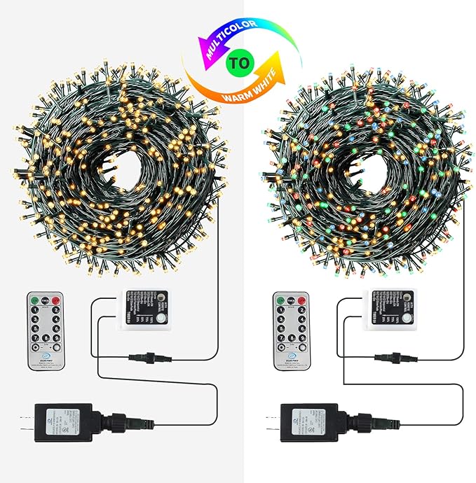 XTF2015 170ft 500 LED Christmas Lights Outdoor, 3 in 1 Color Changing Christms Tree Lights with 11 Modes and Remote for Outdoor Indoor Decor (Warm White & Multicolor & Combination) (170FT)