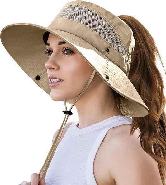 EW EastWater Beach Sun Bucket Hats for Women,UV Protection High Ponytail Hole UPF 50+ Waterproof for Hiking Safari Fishing