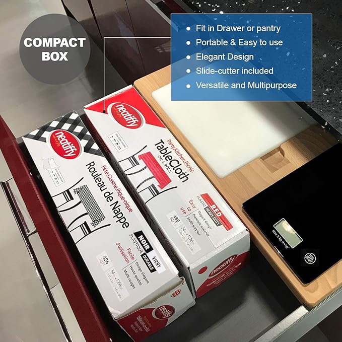 Neatiffy Disposable Plastic Table Cloth Roll | 54 in x 108 Ft Waterproof Tablecloth | Table Cover for Rectangle, Square, Round Oval Tables | Picnic, Party, Banquet, Birthdays, Weddings, BlackCheckered