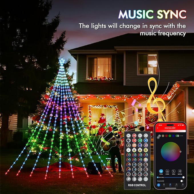 Outdoor Halloween Decorations 23FT RGB Color Changing Hanging Waterfall String Lights with Star, APP Remote Control, DIY Multi-Color Lightshow, Music Sync, Xmas Halloween Decor