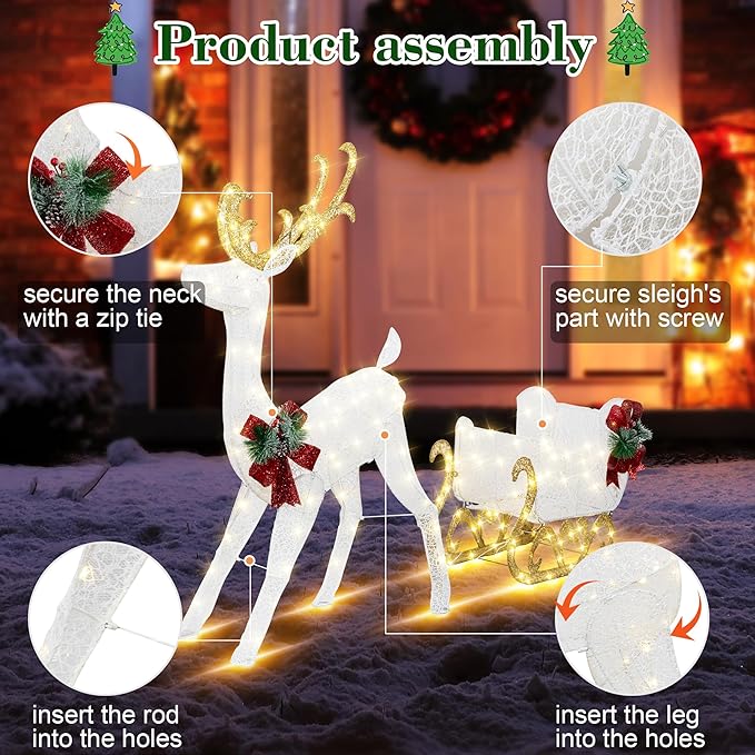 Vongrasig 4FT Lighted Christmas Reindeer & Sleigh Outdoor Yard Decoration Set W/ 205 LED Lights & 8 Ground Stakes, Zip Ties, Artificial Xmas Lighted Holiday Decor for Indoor and Outdoor(White)