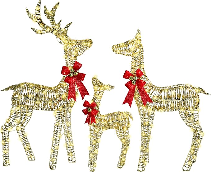 3-Piece Large Christmas Deer Outdoor Decorations, 4.5ft Lighted Reindeer Family Set Christmas Yard Decor, Light Up Reindeer Christmas Decor with 350 LEDs, Stakes, Zip Ties, Unique Gold Rattan