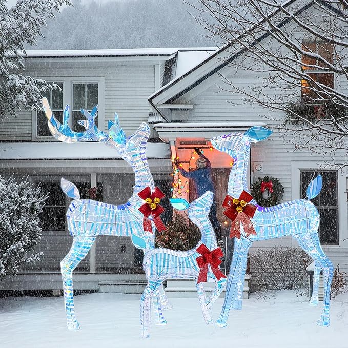 50" Outdoor Lighted Iridescent Reindeer Christmas Decorations, 3-Piece Reindeer Family Set with 210 LEDs, Ground Stakes, Durable Weatherproof Metal Frame for Yard, Garden, Indoor Holiday Decor