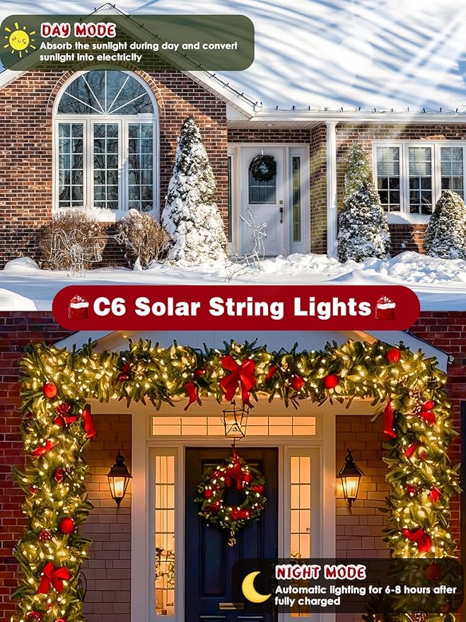 C6 Solar Christmas Lights Outdoor, 50 LED 16FT Christmas Decorations Outdoor Waterproof, Solar String Lights for Outside with 8 Modes, Fairy Twinkle Light for Tree Party Garden Xmas Decor (Warm White)