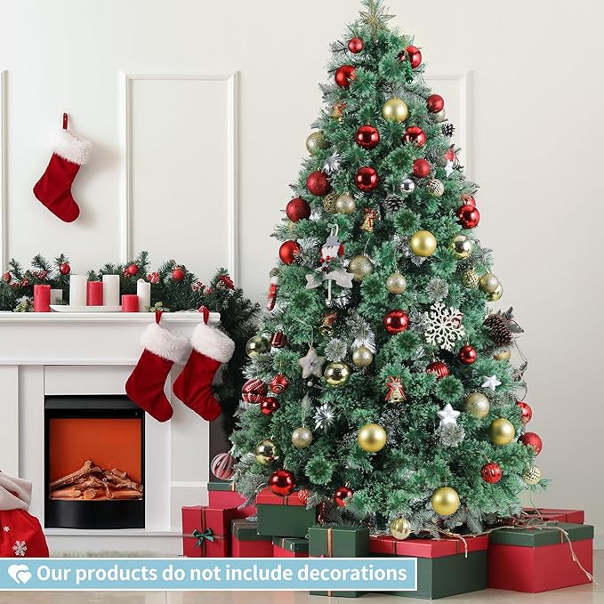 Arlopu 8.1ft Pre-lit Artificial Cashmere Christmas Tree, Snow Flocked Prelighted Pine Needle Xmas Tree, W/450 Warm White Lights, Tips, Foldable Metal Base for Home Store Party Holiday Decoration