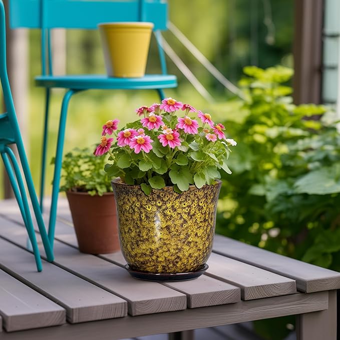 Ceramic Plant Pots - 5.6 Inch Planter with Drainage Hole and Saucer, Succulent Orchid Pots for Indoor Outdoor, Small Round Flower Pot, Room Window Office Decor, House Warming Gifts, Yellow