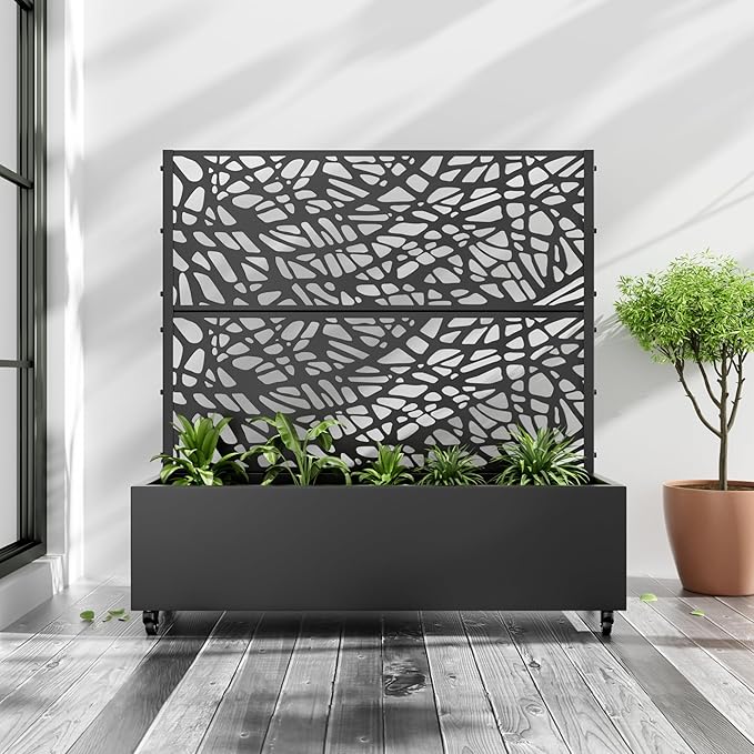 Casaphoria Metal Raised Garden Bed with Trellis and Wheels, 47"x47"x16" Planter Box for Climbing Plants, Vegetables & Vines, Features Drainage Holes and Privacy Screen (Black-Net)
