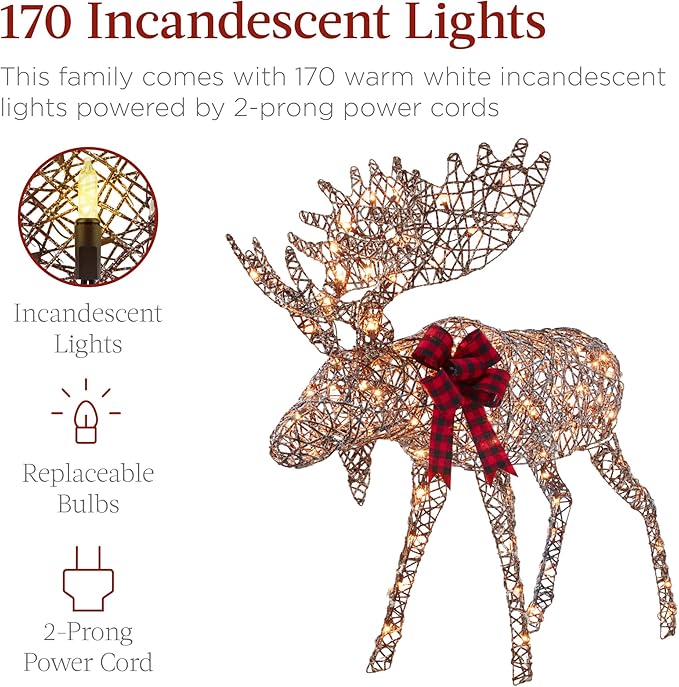 Best Choice Products 2-Piece Moose Family, Lighted Outdoor All-Weather Christmas Yard Decoration Light-Up Décor Set w/ 170 LED Lights, Ground Stakes, Zip Ties - Rattan