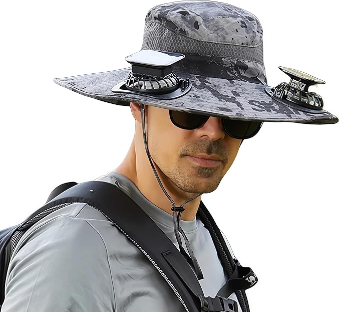 Wide Brim Solar Fan Hat for Men Women- UPF 50+ Sun Bucket Hat with 2 Built-in Solar Powered Fans for Fishing, Hiking & Beach