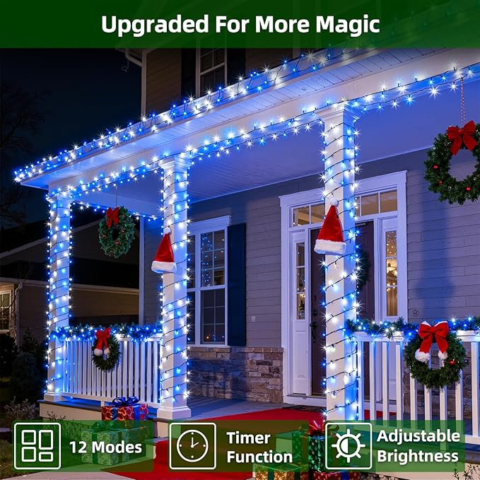 300LED Chrstmas Lights, 75ft Indoor Outdoor Christmas String Lights with 12 Modes, Blue Cool White LED String Lights with Timer Dimmable Waterproof for Tree Fence Wedding Party Decor Blue & White