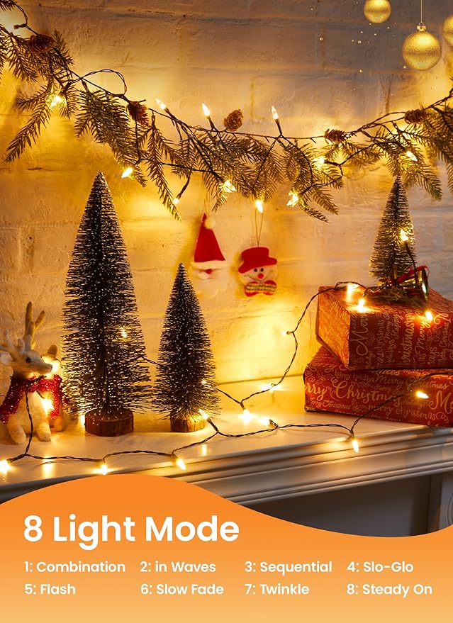 LED Christmas Mini Lights, 2 Pack 39 Feet 100 LED Clear Bulbs String Light with 8 Light Modes, Connectable Fairy Lights Plug in for Outdoor Xmas Trees Garland Wreath Holiday Decorations, Warm White