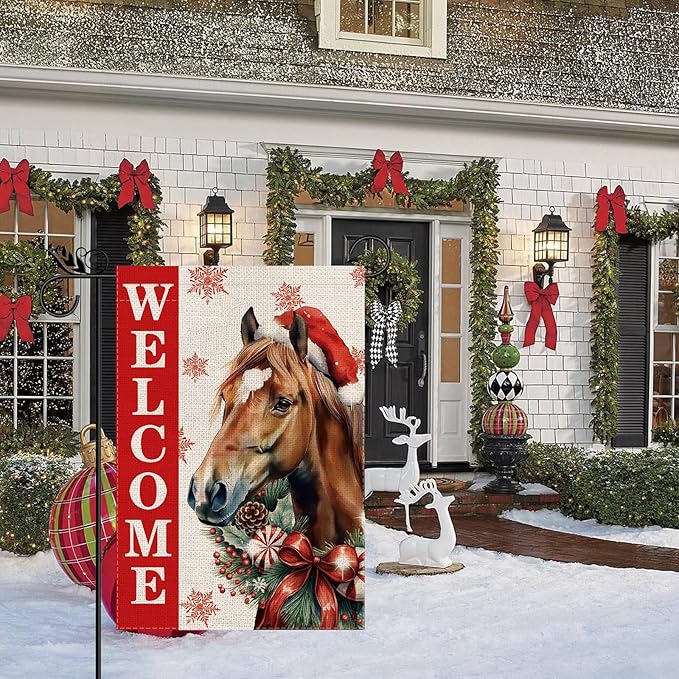 Christmas Garden Flag Welcome Xmas Horse Winter Holiday Decorations Burlap Vertical Double Sided Farmhouse Yard Lawn Outdoor Decor 12.5 x 18 Inch