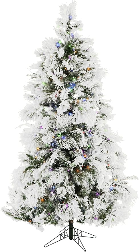 Fraser Hill Farm 6.5-Feet Pre-Lit Snow Flocked Snowy Pine Artificial Christmas Tree with Dual Multicolor & Warm White LED Lights, Full Silhouette, Realistic Foliage, Stand Included