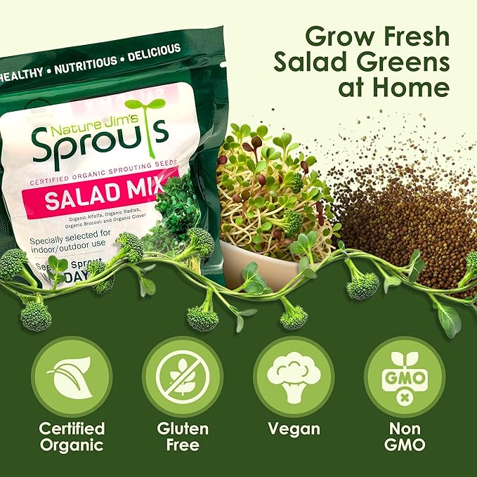 Nature Jims Sprouts Organic Salad Mix – Non-GMO Microgreen Seeds for Growing – Healthy Broccoli, Alfalfa, Radish & Clover Sprouting Variety Blend – Microgreens & Sprouts Seeds for Home Gardening – 1lb