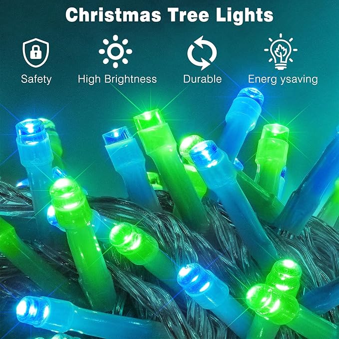 100FT 300 LED Christmas Lights Outdoor, Plug in Christmas String Lights Indoor, Waterproof & 8 Modes & Timer Function, Connectable Fairy Twinkle Light for Bedroom Yard Garden Decorations, Blue Green